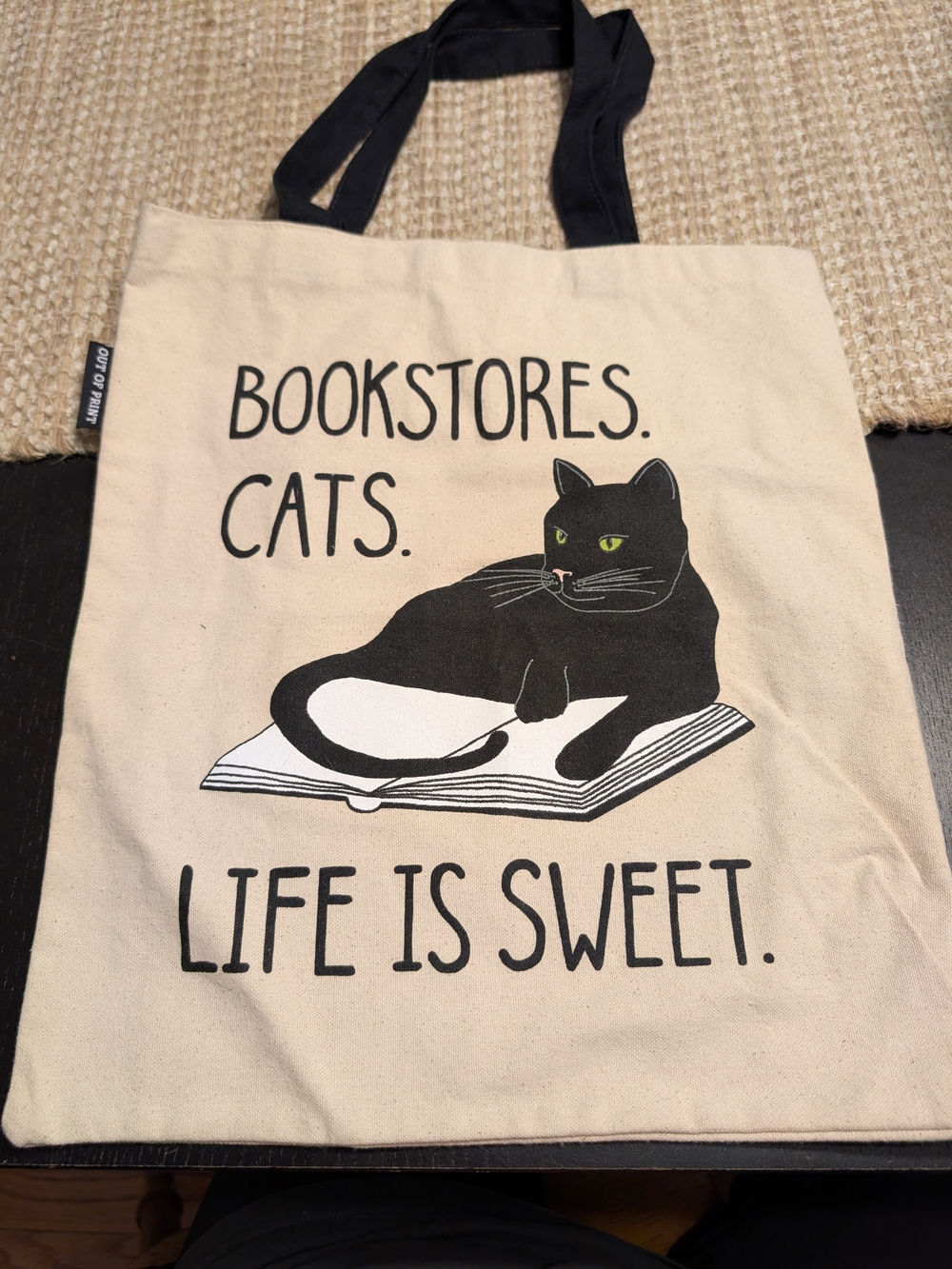 Out of Print Cream Tote with Black Cat and Black Handles